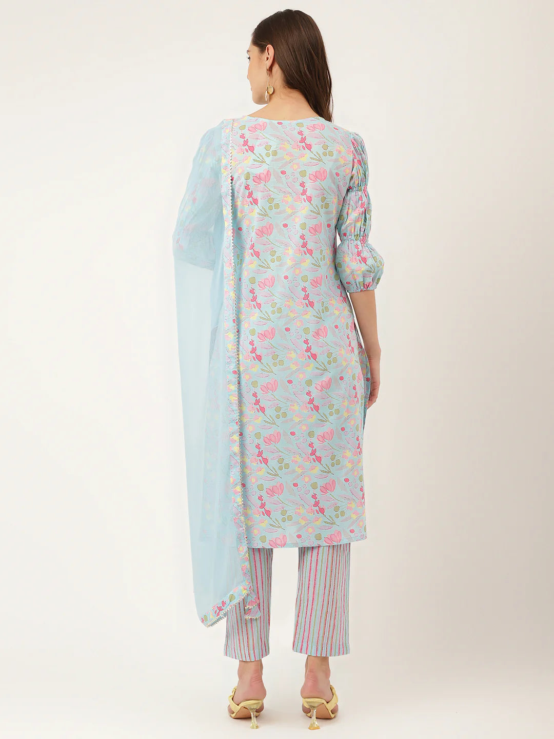 INDICASA Blue Floral Print Cotton Kurta, Trouser With Dupatta