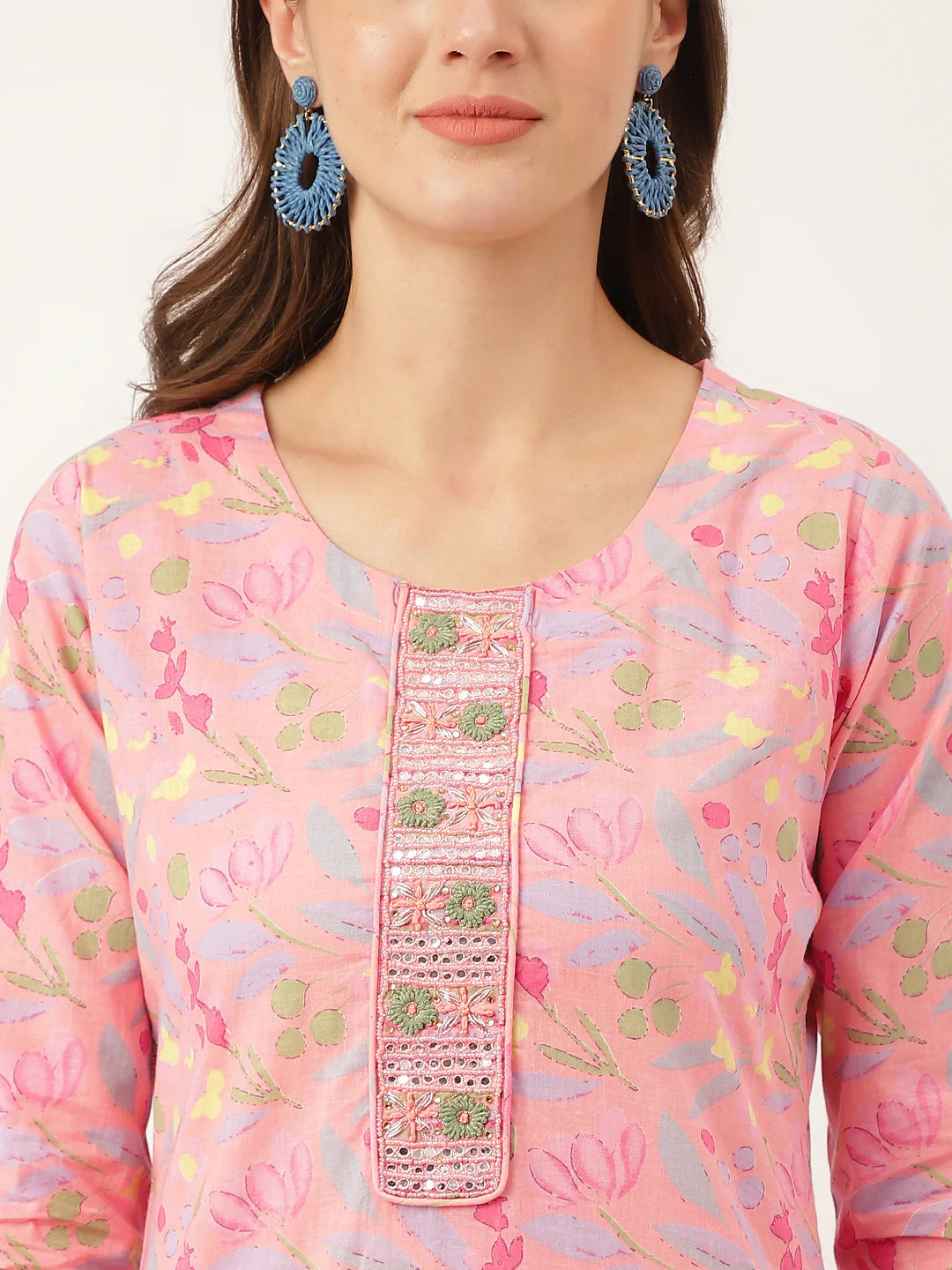 INDICASA Pink Floral Print Cotton Kurta, Trouser With Dupatta