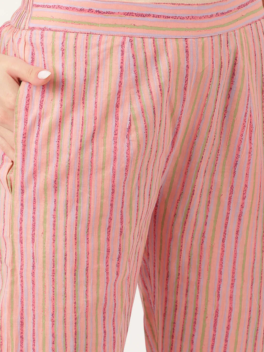 INDICASA Pink Floral Print Cotton Kurta, Trouser With Dupatta