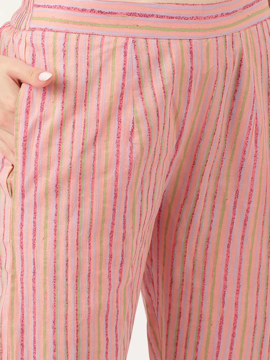 INDICASA Pink Floral Print Cotton Kurta, Trouser With Dupatta