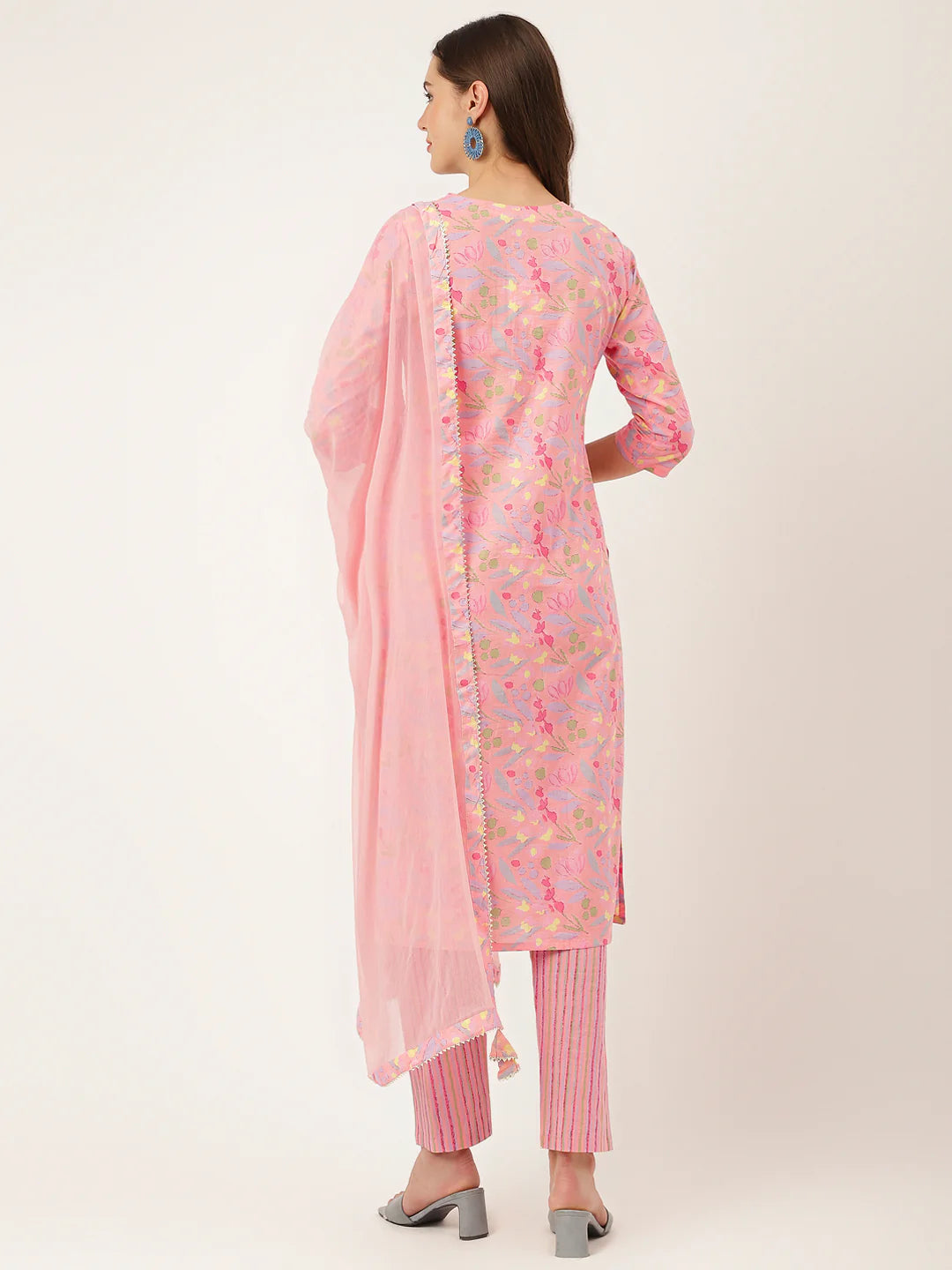 INDICASA Pink Floral Print Cotton Kurta, Trouser With Dupatta