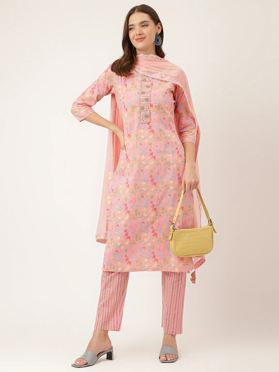 INDICASA Pink Floral Print Cotton Kurta, Trouser With Dupatta