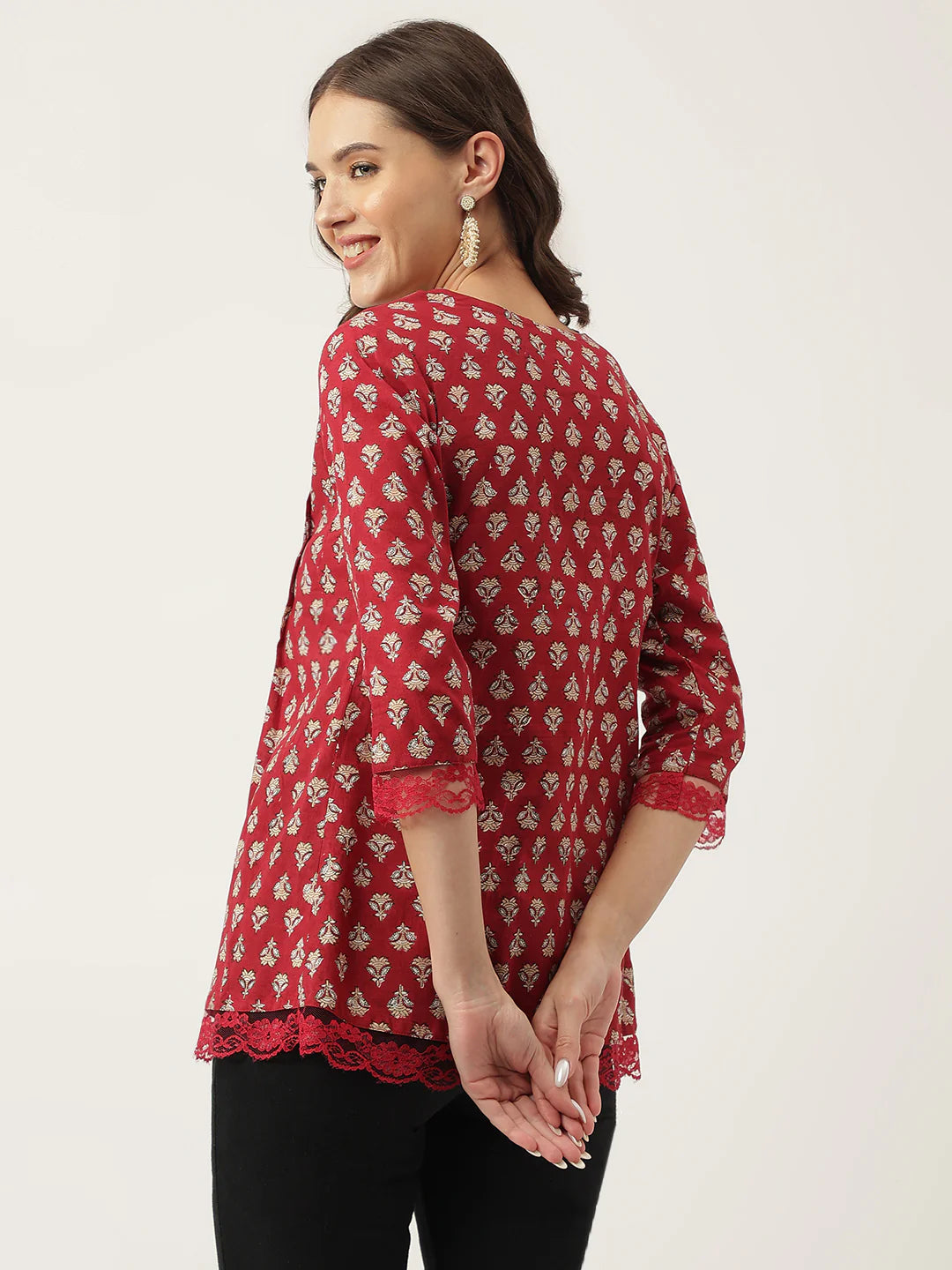INDICASA Maroon Floral Printed Cotton Peplum Top