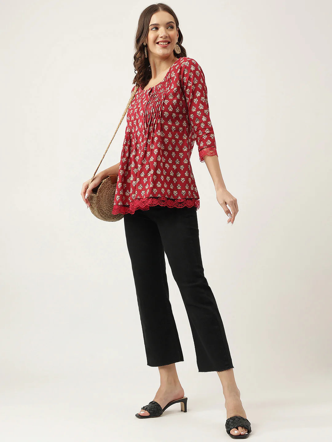 INDICASA Maroon Floral Printed Cotton Peplum Top