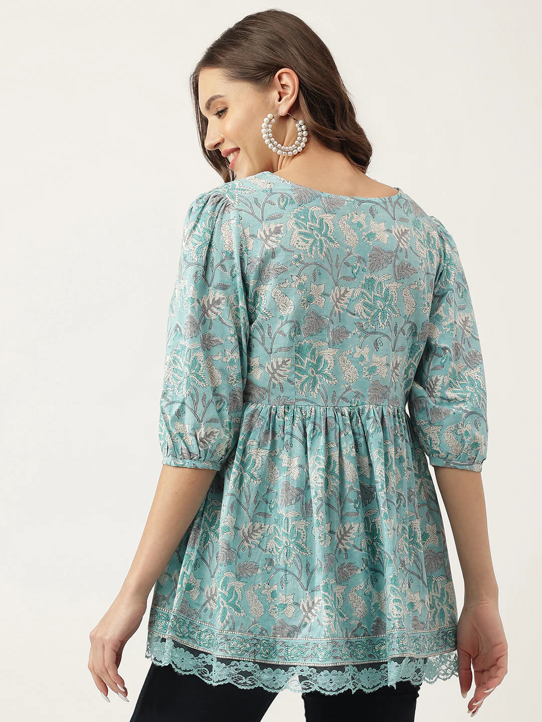 INDICASA Light Blue Floral Printed Cotton Peplum Fit Top
