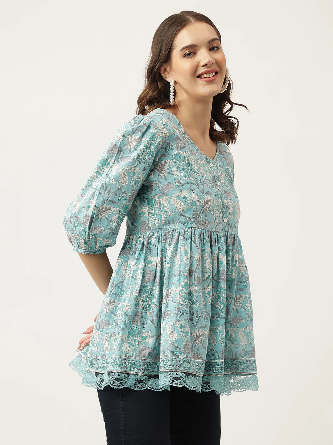 INDICASA Light Blue Floral Printed Cotton Peplum Fit Top