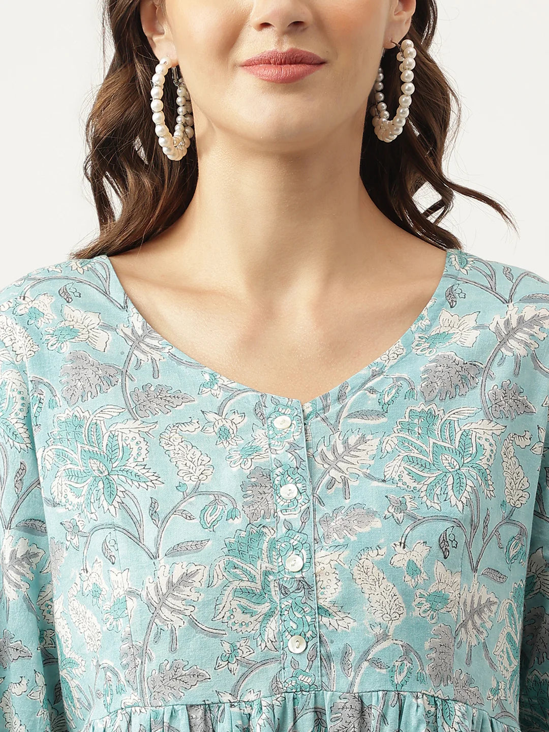 INDICASA Light Blue Floral Printed Cotton Peplum Fit Top