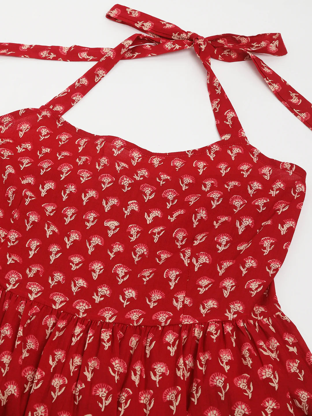 INDICASA Red Floral Printed Cotton Halter Neck Ethnic Tiered Dress