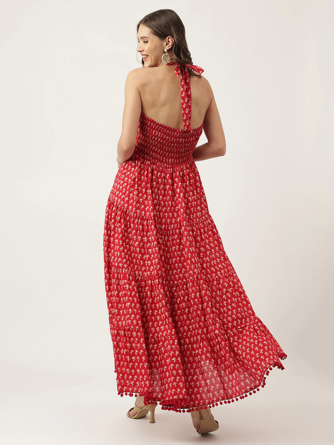 INDICASA Red Floral Printed Cotton Halter Neck Ethnic Tiered Dress