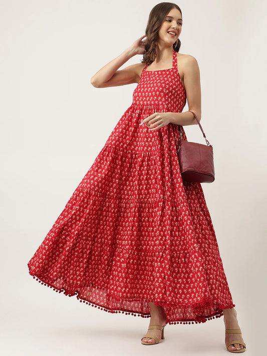 INDICASA Red Floral Printed Cotton Halter Neck Ethnic Tiered Dress