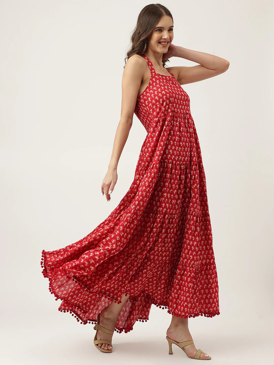 INDICASA Red Floral Printed Cotton Halter Neck Ethnic Tiered Dress