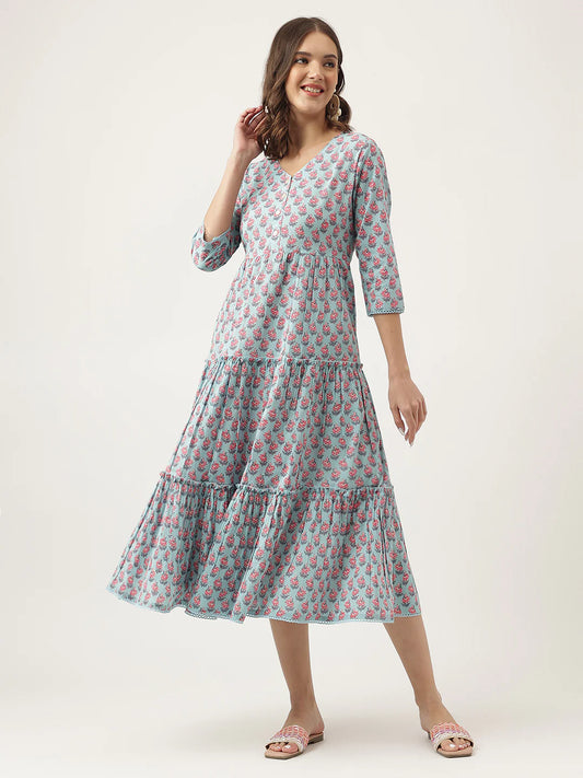 INDICASA Sky Blue Floral Printed Cotton Tiered Dress