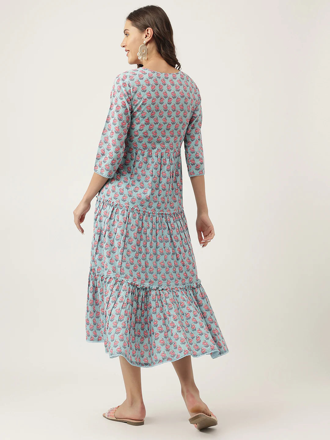 INDICASA Sky Blue Floral Printed Cotton Tiered Dress