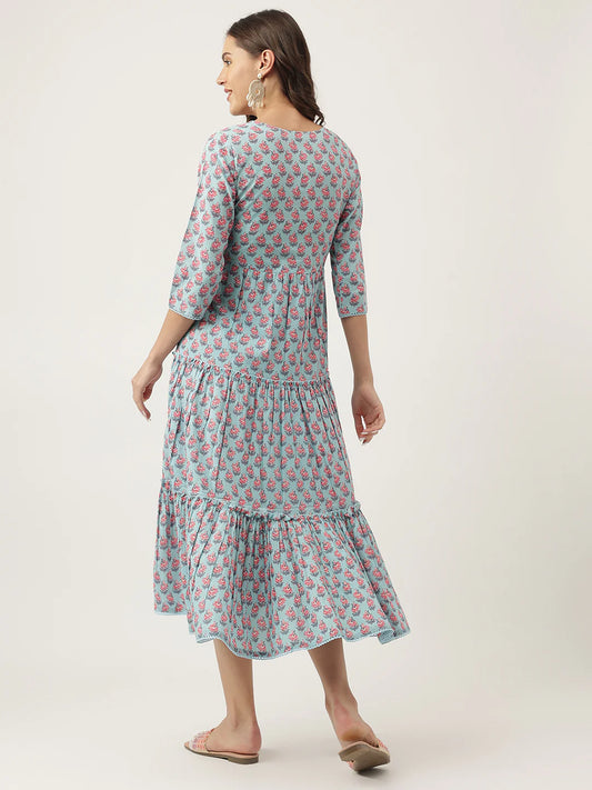 INDICASA Sky Blue Floral Printed Cotton Tiered Dress