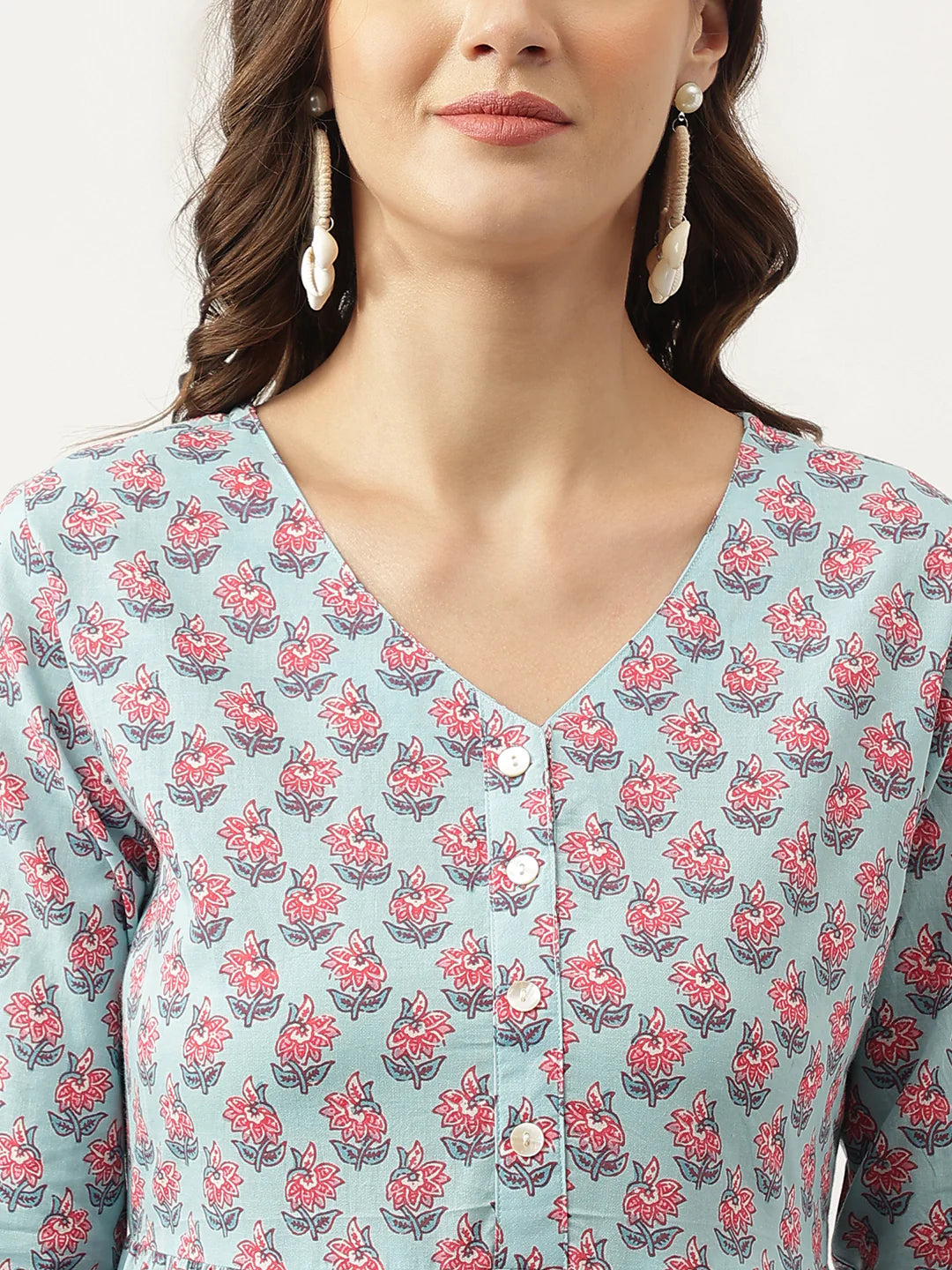INDICASA Sky Blue Floral Printed Cotton Tiered Dress