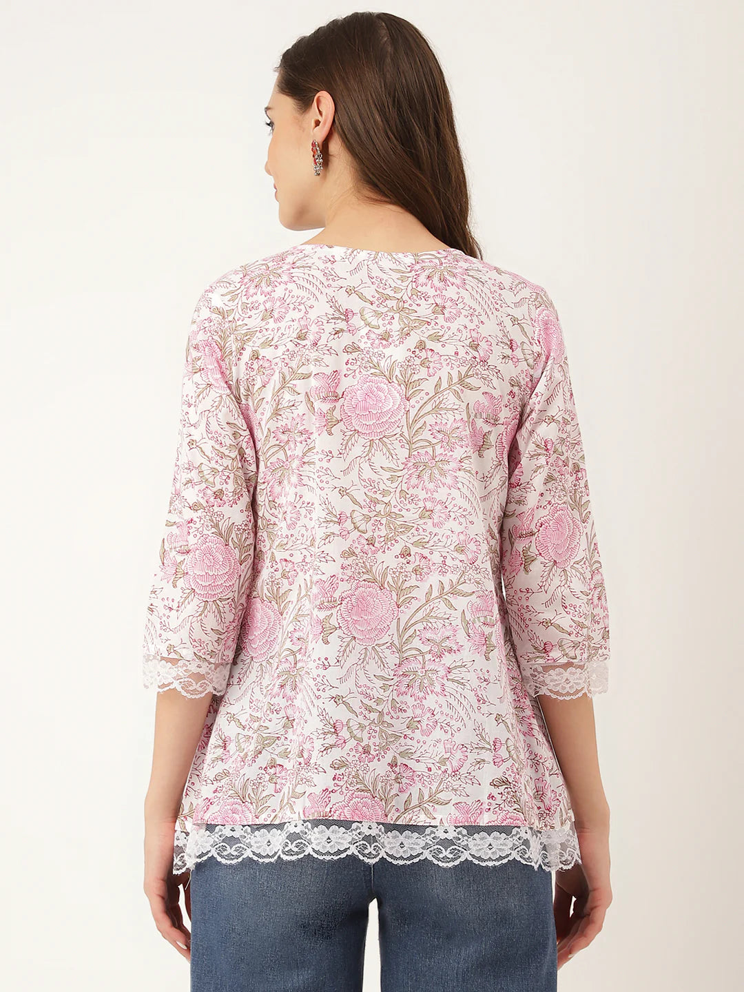 INDICASA Pink Floral Print Cotton Peplum Top with Pintuck Detailing