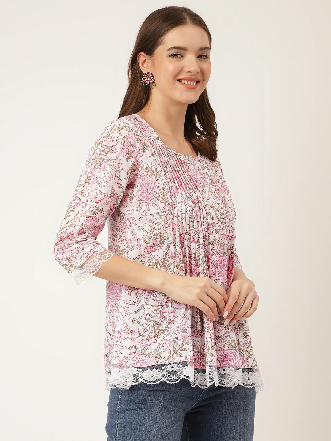 INDICASA Pink Floral Print Cotton Peplum Top with Pintuck Detailing