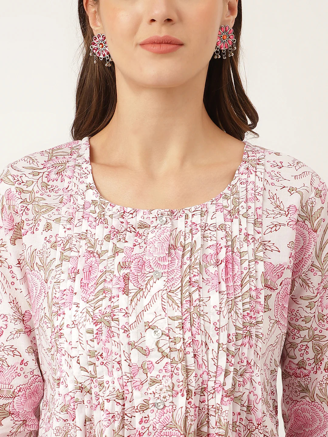 INDICASA Pink Floral Print Cotton Peplum Top with Pintuck Detailing