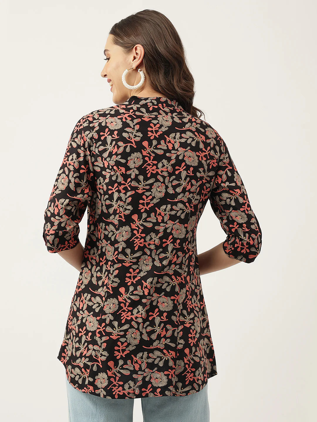 INDICASA Black Floral Printed Rayon Shirt Style Top