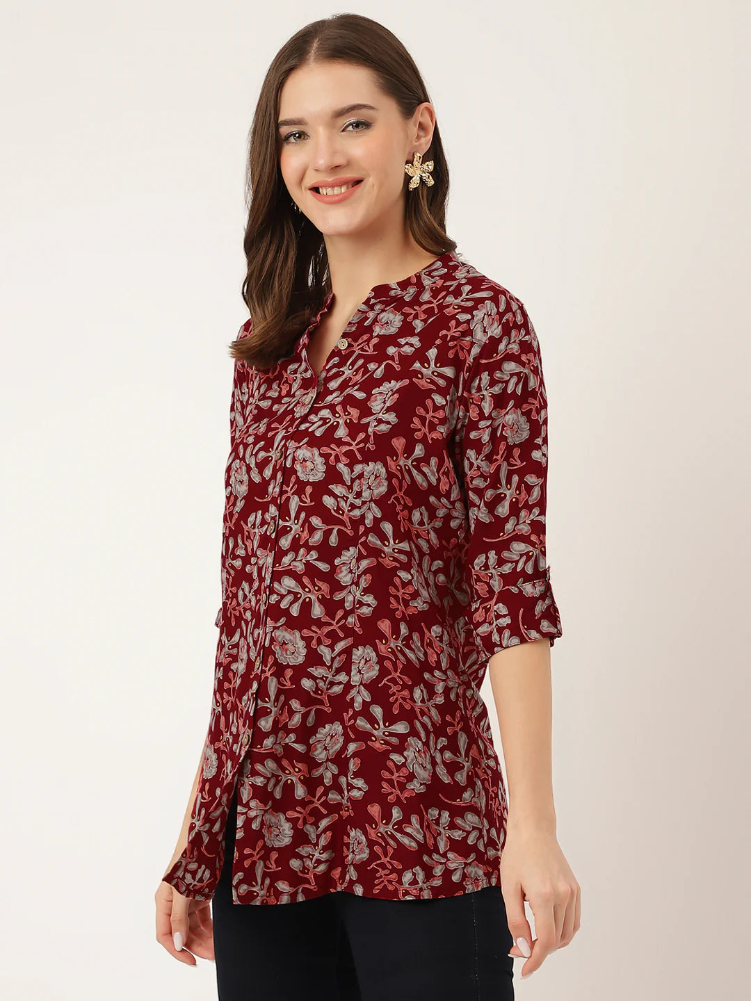 INDICASA Maroon Floral Print Rayon Regular Top