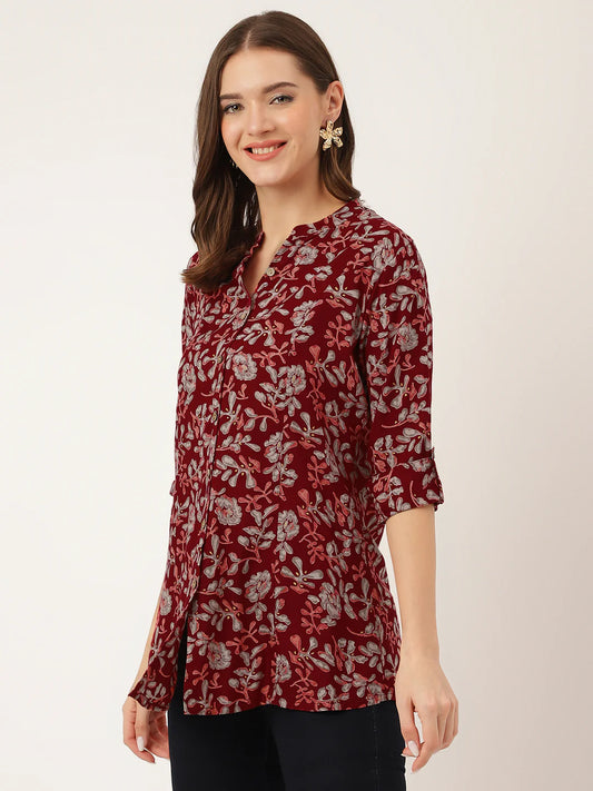 INDICASA Maroon Floral Print Rayon Regular Top
