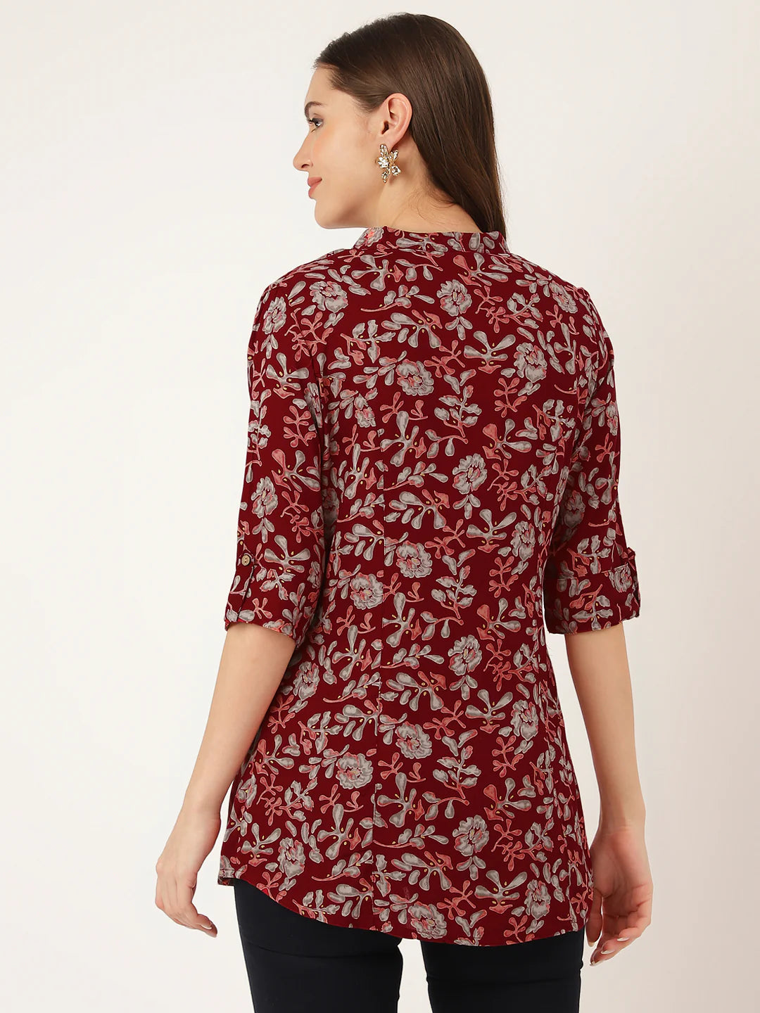 INDICASA Maroon Floral Print Rayon Regular Top