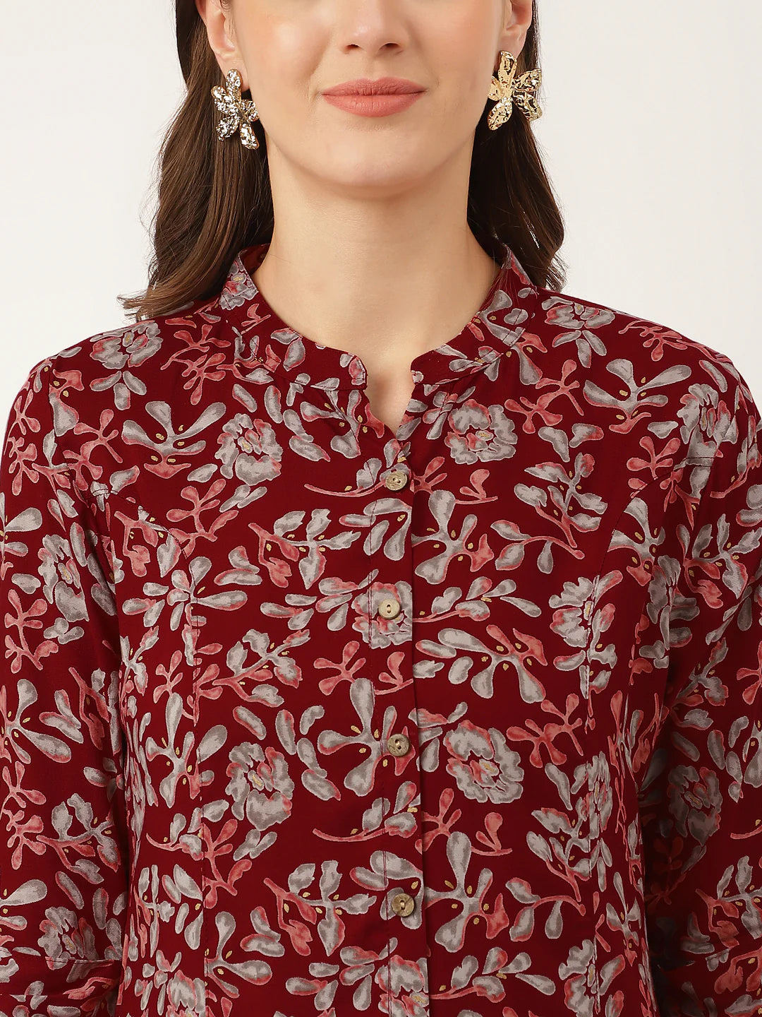 INDICASA Maroon Floral Print Rayon Regular Top