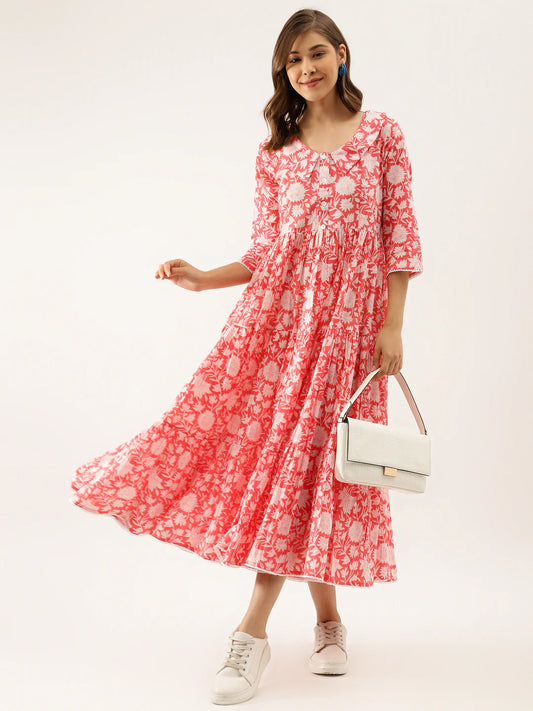 INDICASA Orange Floral Printed Cotton Ethnic Dress for Women