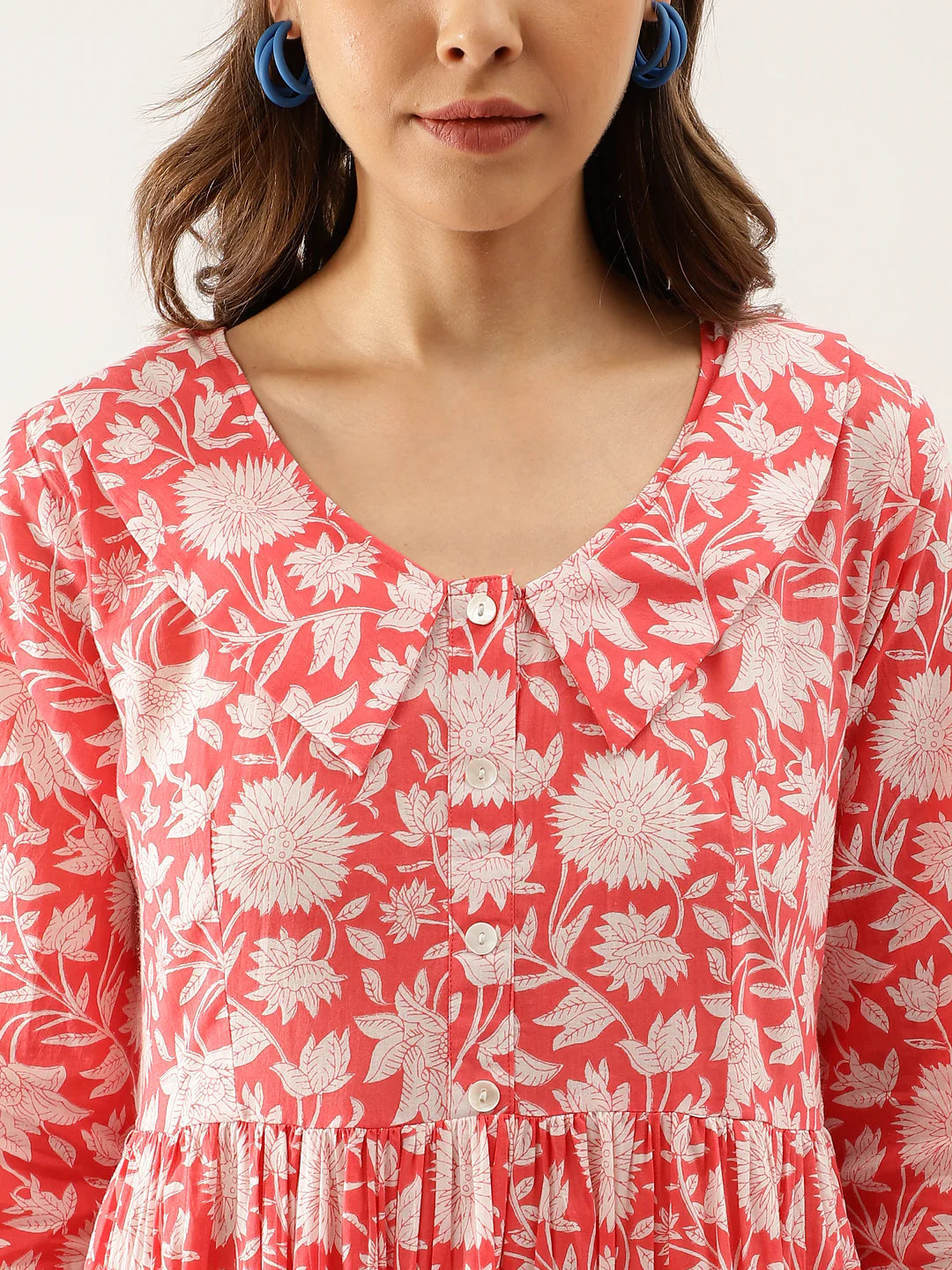 INDICASA Orange Floral Printed Cotton Ethnic Dress for Women