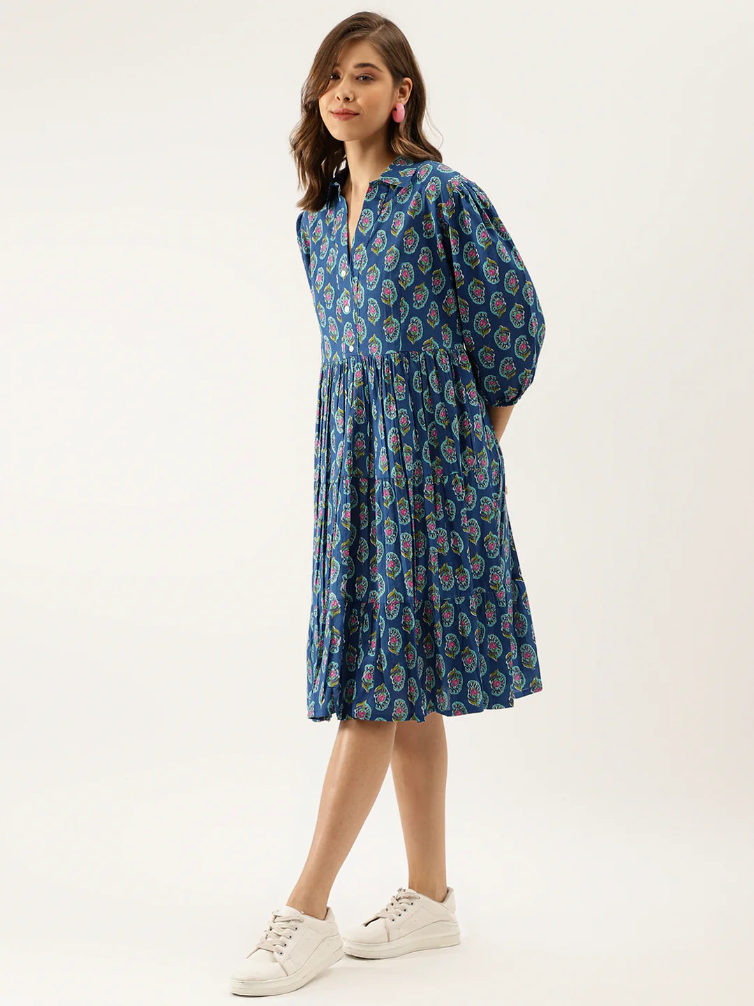 INDICASA Blue Paisley Printed Cotton Dress for Women
