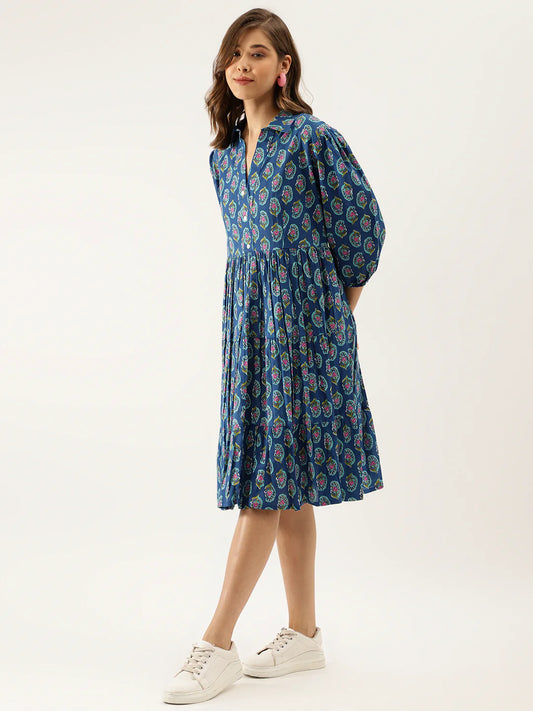 INDICASA Blue Paisley Printed Cotton Dress for Women