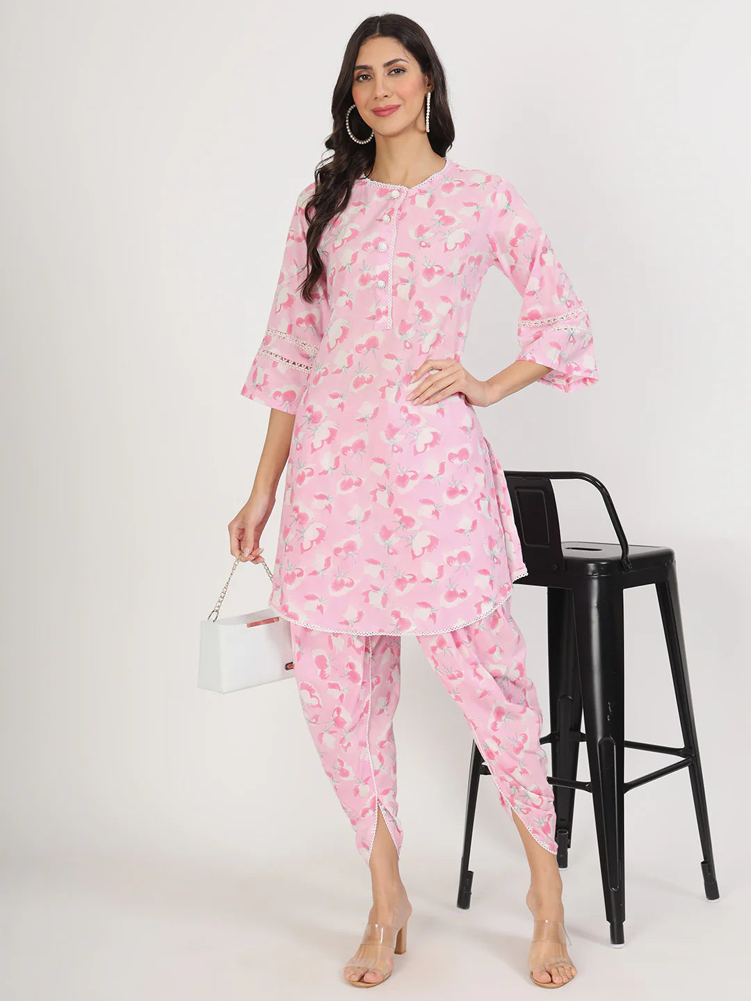 INDICASA Pink Floral Printed Cotton Kurta with Dhoti Co-Ord Set