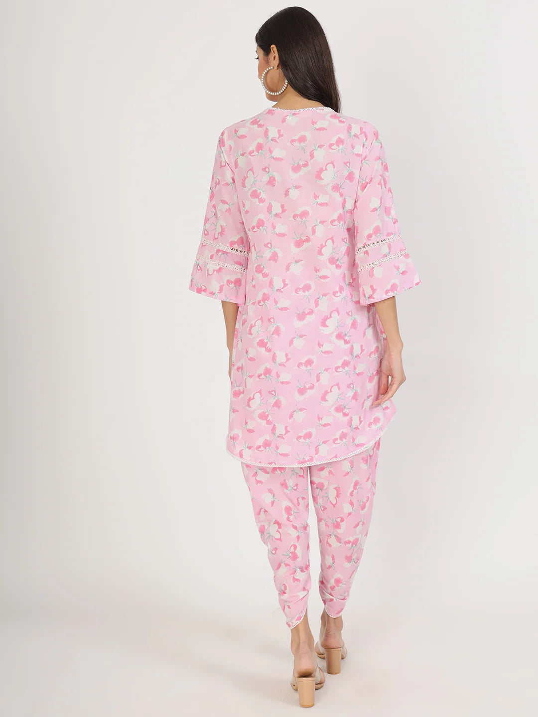 INDICASA Pink Floral Printed Cotton Kurta with Dhoti Co-Ord Set