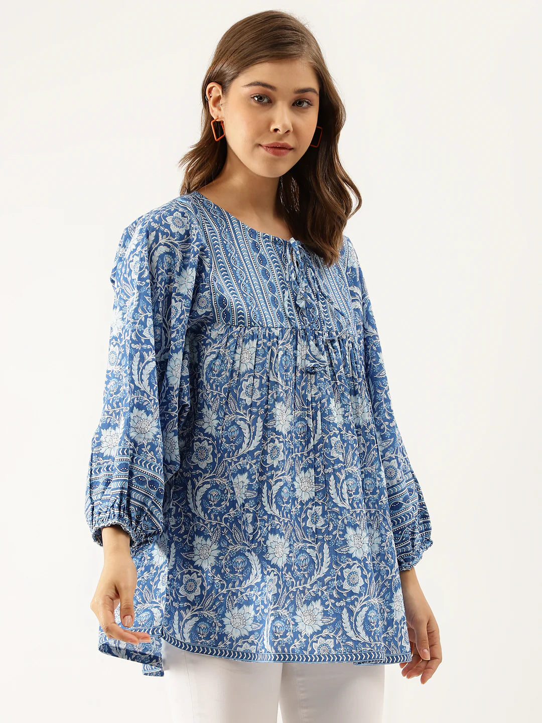INDICASA Blue Printed Cotton Peplum top
