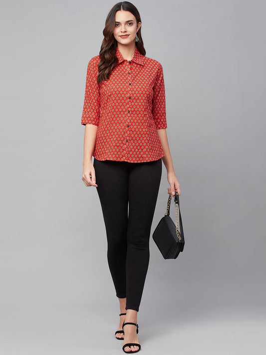 INDICASA Red Block Printed Casual Women Shirts