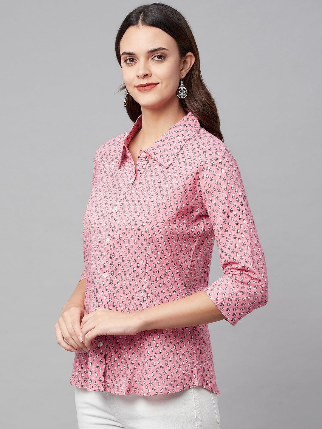 INDICASA Baby Pink Block Printed Casual Women Shirts