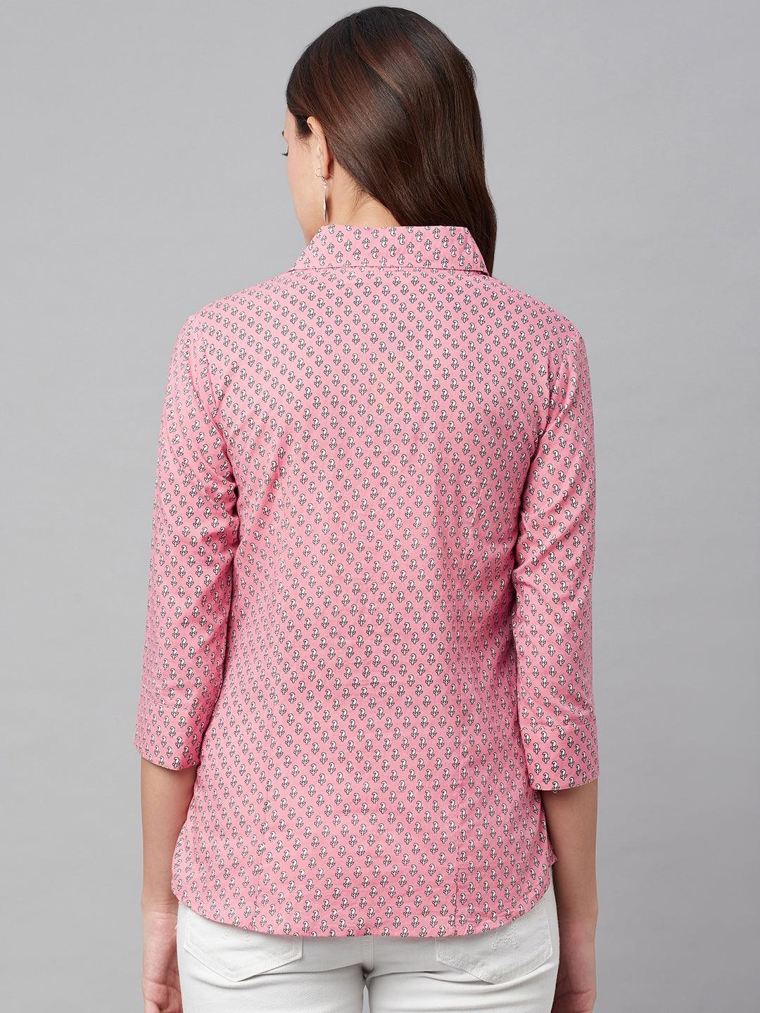 INDICASA Baby Pink Block Printed Casual Women Shirts