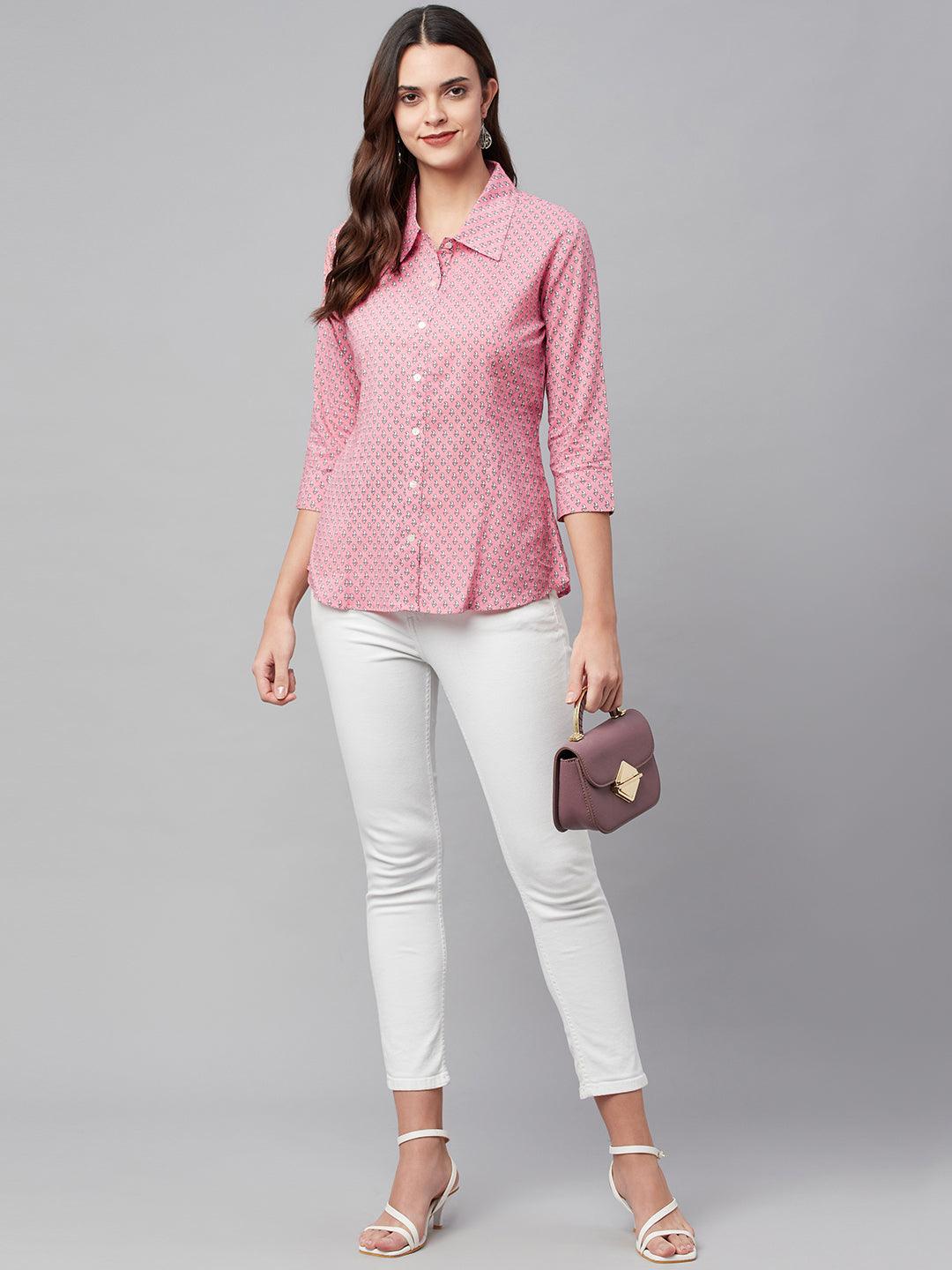 INDICASA Baby Pink Block Printed Casual Women Shirts