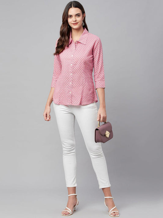 INDICASA Baby Pink Block Printed Casual Women Shirts