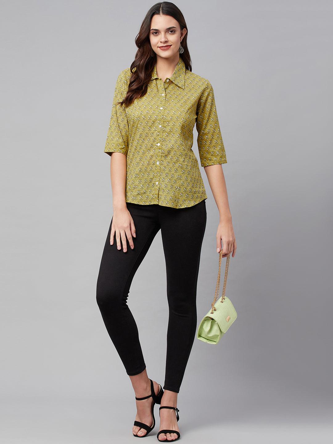 INDICASA Mehndi Green Block Printed Casual Women Shirts