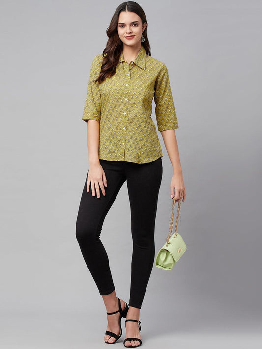 INDICASA Mehndi Green Block Printed Casual Women Shirts