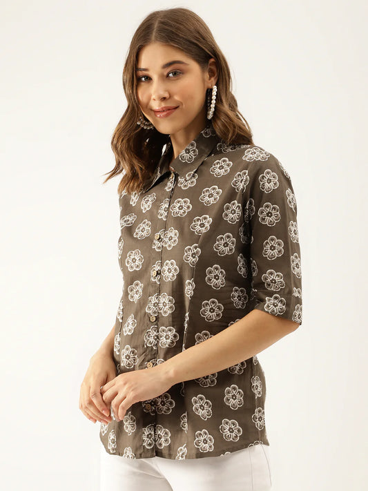INDICASA Brown Block Printed Casual Women Shirts