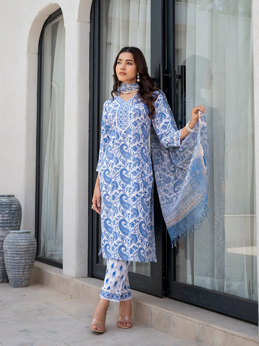 INDICASA Sky Blue HandBlock Floral Print Kurta Pant Dupatta Set