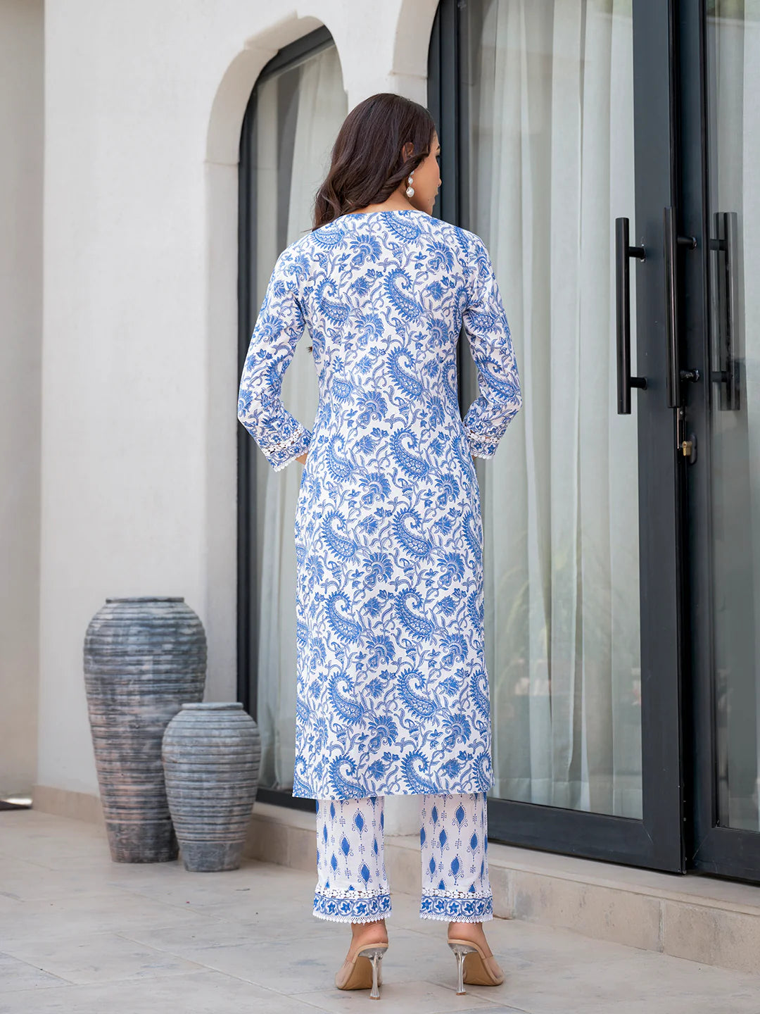 INDICASA Sky Blue HandBlock Floral Print Kurta Pant Dupatta Set