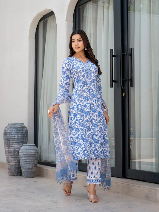 INDICASA Sky Blue HandBlock Floral Print Cotton Kurta Pant With Kota Doria Dupatta