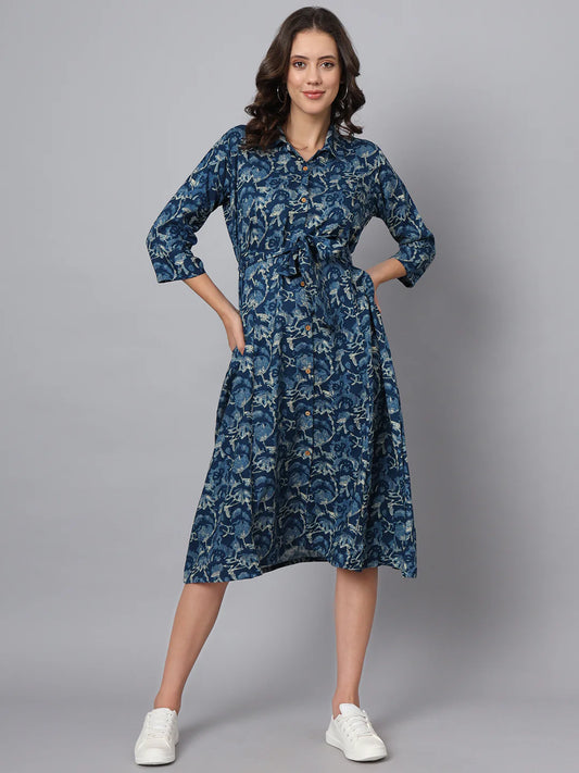 INDICASA Blue Floral Print Rayon Midi Dress