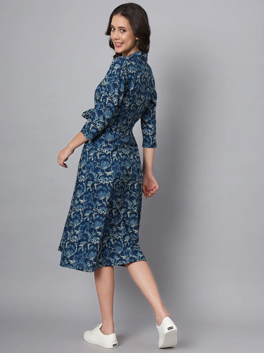 INDICASA Blue Floral Print Rayon Midi Dress