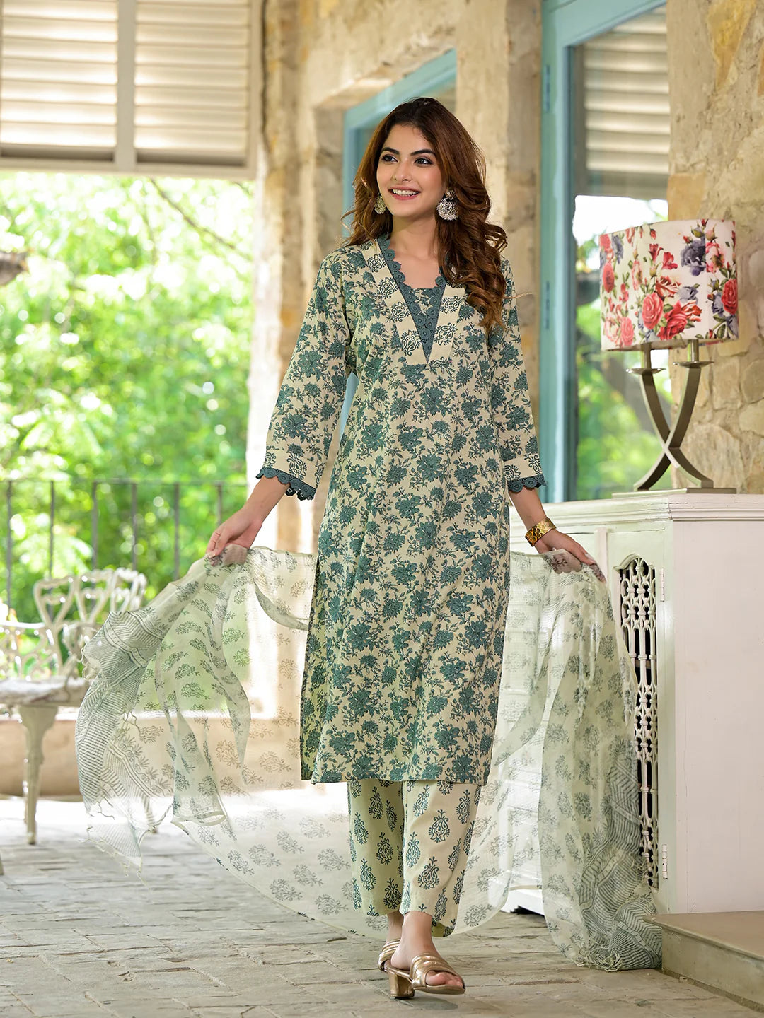 INDICASA Bottle Green Floral Print Cotton Kurta Set for Women with Dupatta