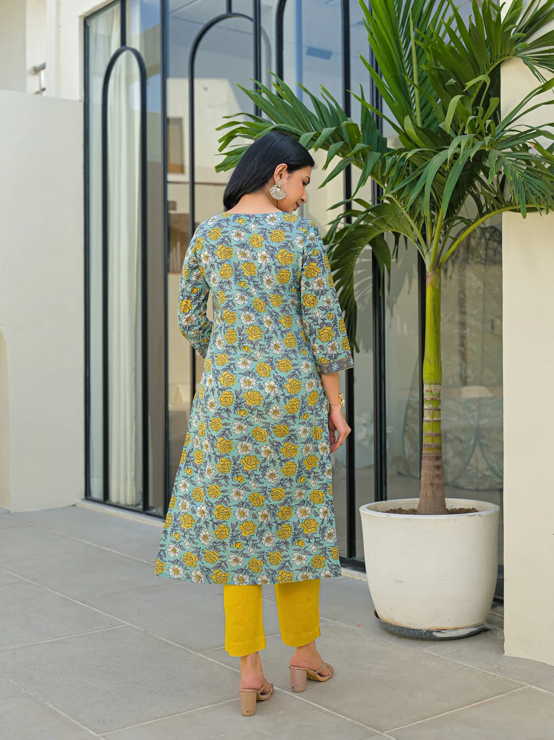 INDICASA Sky Blue Round Neck Straight Cotton Kurta Pant Set With Dupatta
