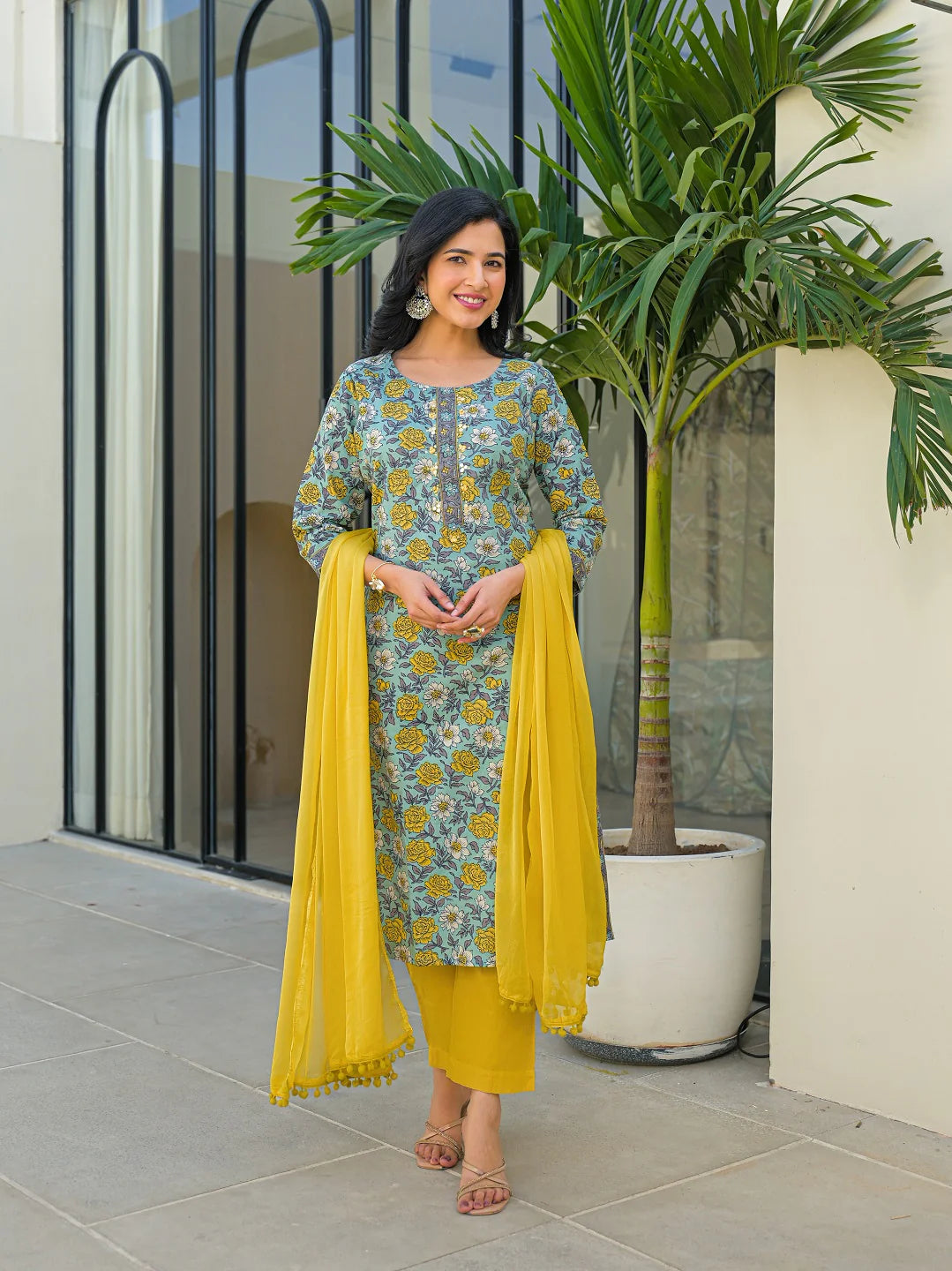 INDICASA Sky Blue Round Neck Straight Cotton Kurta Pant Set With Dupatta
